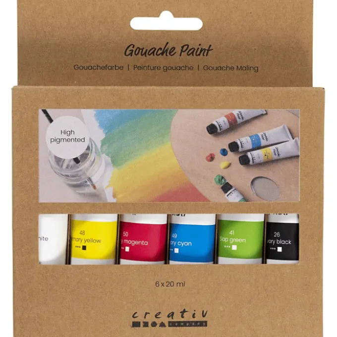 Gouache-maling 20 ml. - Basisfarger, 6 stk.