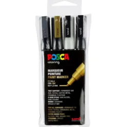 Posca-tusjer PC-3M – Svart/gull/sølv/hvit, 4 stk.
