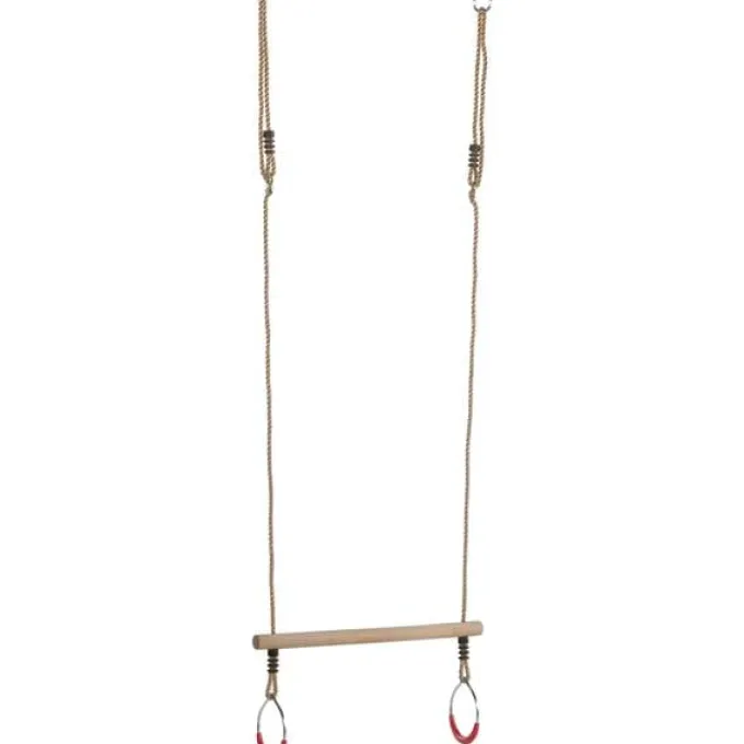 Trapes-huske av tre med metallringer